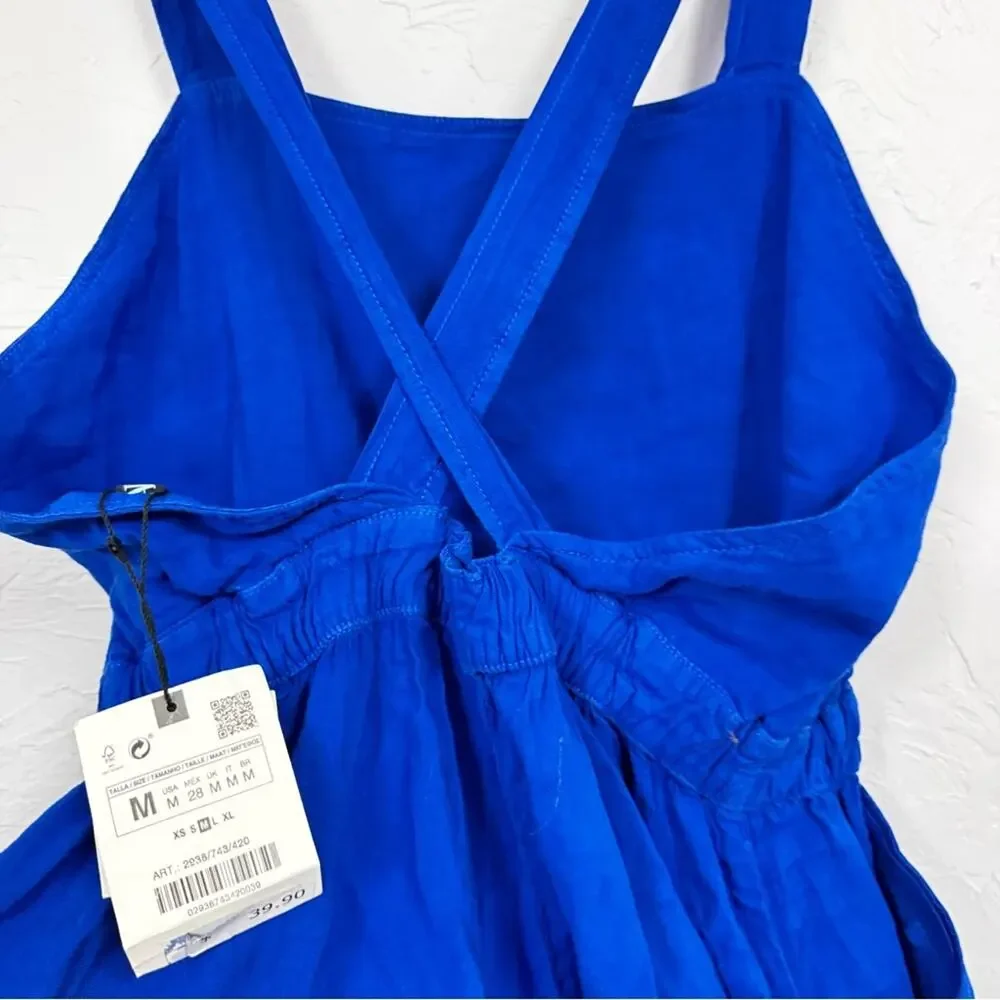 Zara Blue Linen Romper Womens M Beachy Casual Short Overalls Summer Vacation